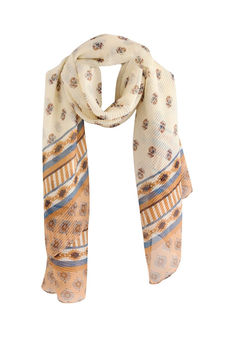 Lightweight, cream scarf featuring floral and geometric patterns in brown and blue, with a textured, sheer fabric and a flowing design.