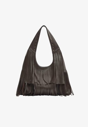 Borsa a tracolla in pelle marrone scuro con dettagli a frange lunghe e borchie in ottone sulle larghe cinghie.