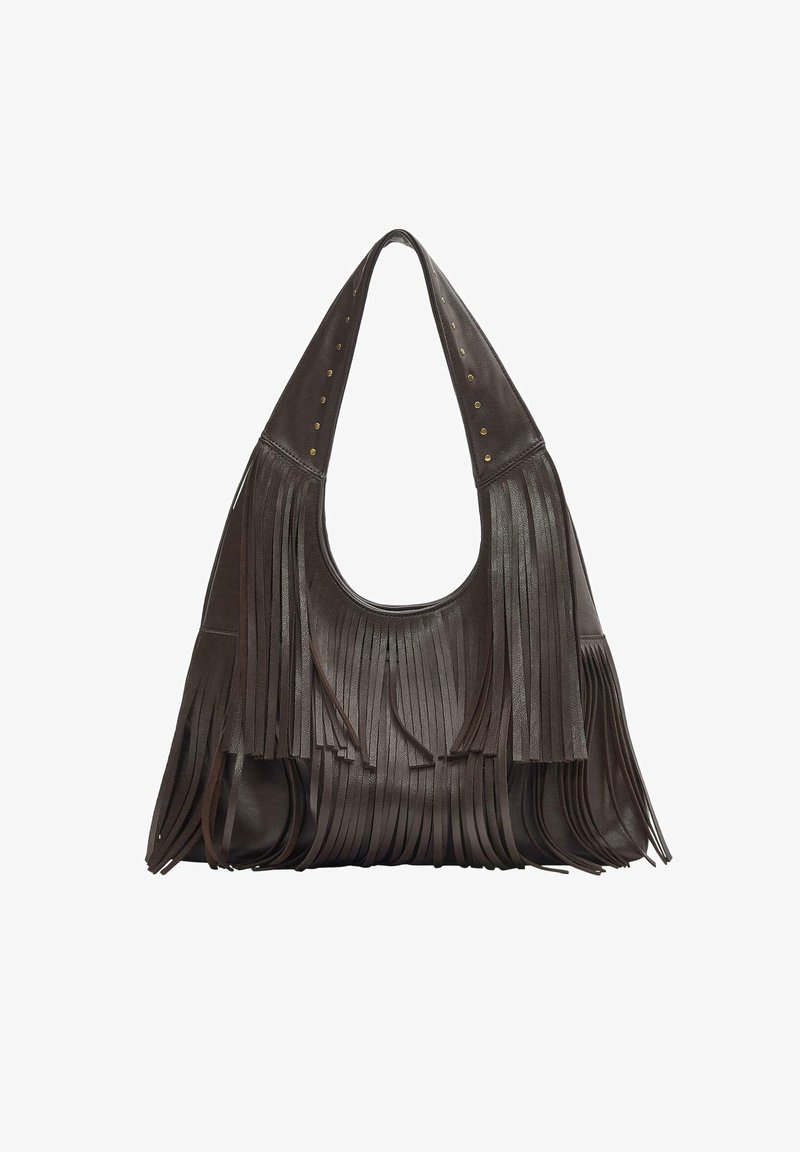 Sötétbarna bőr válltáska hosszú rojtos díszítéssel és sárgaréz szegecses részletekkel a széles pántokon.