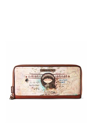 Braune Geldbörse mit einem farbenfrohen Druckdesign, das ein Mädchen und Textelemente zeigt. Strapazierfähiger Stoff, Reißverschluss und dekorative Akzente.