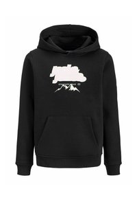 Sudadera negra con capucha fabricada en tejido suave, que cuenta con un bolsillo tipo canguro en el frente, un estampado gráfico blanco con montañas y puños acanalados.