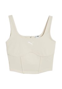 Béžový atletický crop top so širokými ramienkami, so zipsom na zadnej strane a bielym logom Puma na prednej strane. Hladká, elastická tkanina.