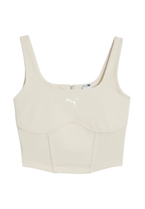 Top sportiv bej, scurt, cu bretele late, fermoar la spate și logo Puma alb în față. Material neted, elastic.