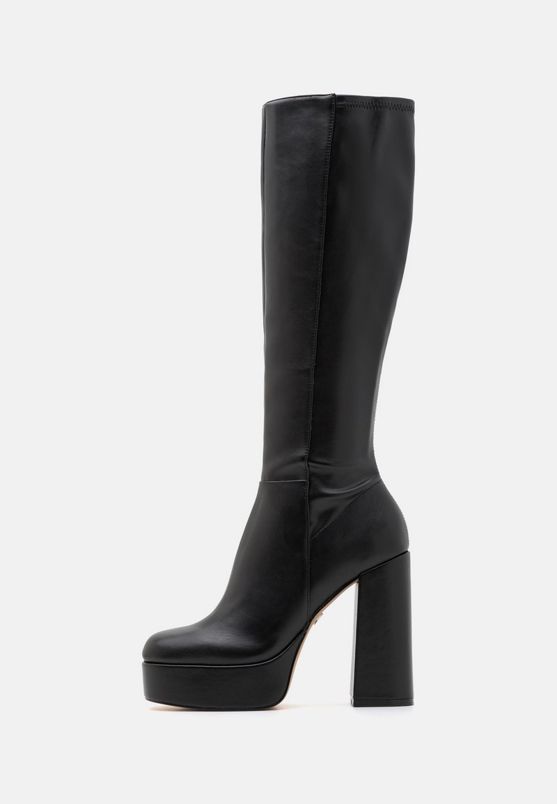 Black knee-high boots made of smooth leather with a textured finish, featuring a high block heel and a round toe design.