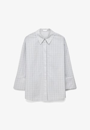 White long-sleeve shirt with a pointed collar and subtle gray checkered pattern, displayed flat on a white background.