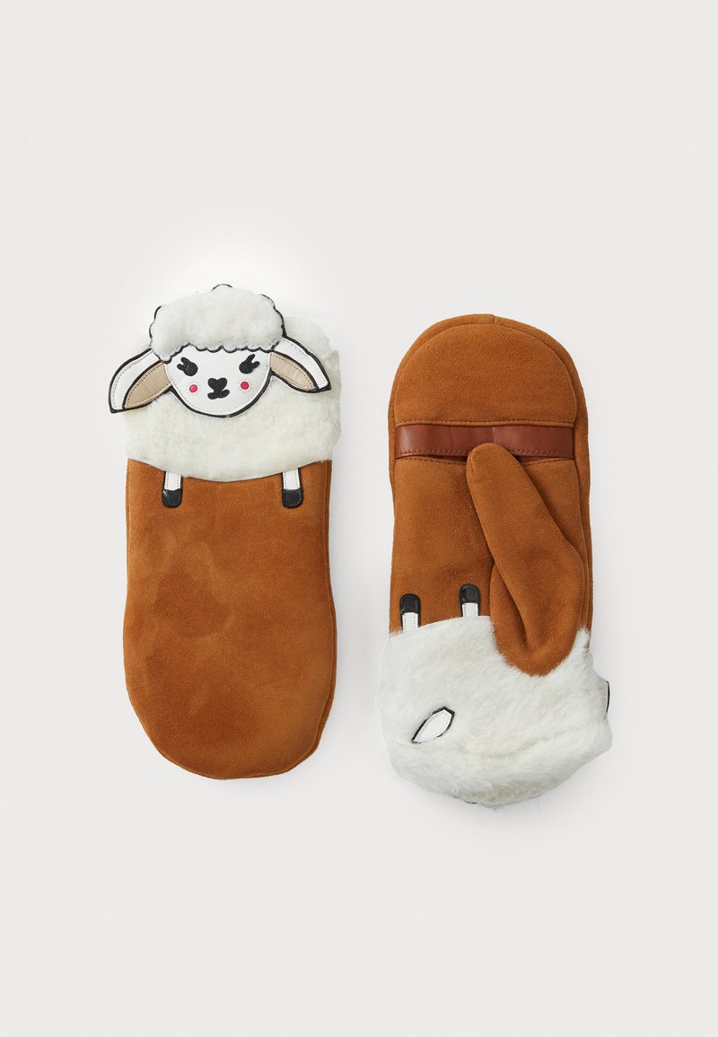 Moufles en peluche marron avec un design de visage de mouton et une doublure en polaire blanche. Les accents comprennent une bordure en cuir marron et des détails en bouton noir.