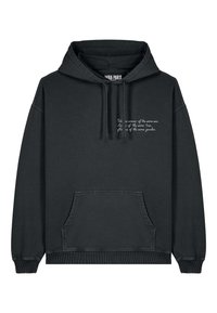 Un hoodie noir en coton doux, avec une poche frontale, des poignets côtelés et une capuche à cordon. Texte blanc sur la poitrine.