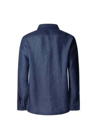 Camicia a maniche lunghe di colore blu navy, realizzata in tessuto denim, con colletto, polsini con bottone e orlo dritto con una leggera trama.