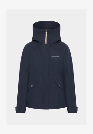 Marineblaue wasserdichte Jacke mit Kapuze, goldener Reißverschluss, zwei Fronttaschen und leichten Steppdetails. Markenlogo auf der Brust aufgedruckt.