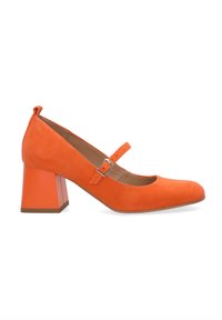 Oranžové zamšové lodičky typu Mary Jane s kulatou špičkou, jednou páskou s přezkou a geometrickým blokovým podpatkem. Hladký povrch a jednobarevný design.