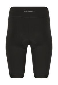 Cuissards de cyclisme noirs rembourrés avec coutures renforcées et logo "ENDURANCE" sur la ceinture, conçus pour le confort et la performance.