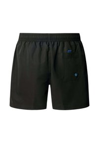 Czarne kąpielówki męskie z elastycznym paskiem i pojedynczą tylną kieszenią z małym niebieskim oczkiem oraz materiałową taśmą.