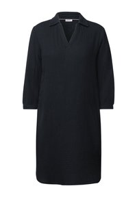 Schwarzes strukturiertes knielanges Kleid mit langen Ärmeln, V-Ausschnitt und lockerer Passform.