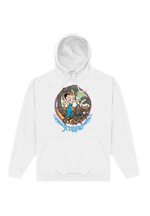 Biała bluza z kapturem z rysunkowym motywem postaci jeżdżącej na skorpionie, z kolorowymi akcentami oraz okrągłym napisem "Skorpion".