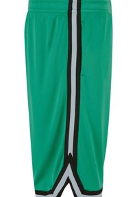 Zaļi sieta basketbola šorti ar melnām un pelēkām vertikālām svītrām, elastīgu jostu un V formas apakšmalu.