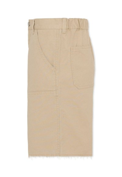 Beżowa spódnica dżinsowa z elastycznym pasem, bocznymi kieszeniami i postrzępionym brzegi. Prosty krój i miękka tekstura.