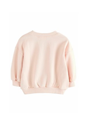 Rosa Sweatshirt mit einem runden Halsausschnitt, Drop-Shoulder-Design und elastischem Saum. Der Stoff hat ein weiches, strukturiertes Aussehen.