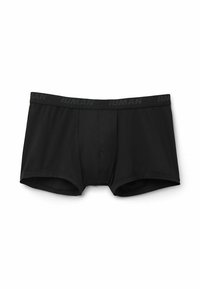 Schwarze Boxer-Briefs aus glattem Stoff. Der elastische Bund verfügt über eine subtile Markenkennzeichnung in einem dunkleren Farbton. Klassisches Trunk-Design ohne Muster.