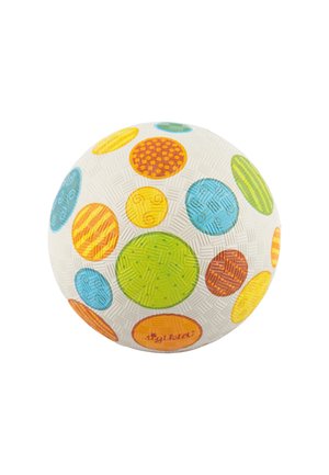 Textured ball in white, featuring colorful, patterned circles in green, orange, yellow, and blue. Brand name appears on the surface.
