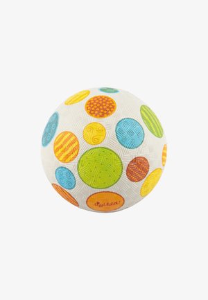 Strukturierter Ball in Weiß, mit bunten, gemusterten Kreisen in Grün, Orange, Gelb und Blau. Der Markenname erscheint auf der Oberfläche.