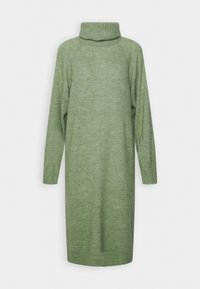 Grünes Strickkleid mit hohem, geripptem Rollkragen, langen Ärmeln und lässiger Passform. Hat eine weiche Textur und einen knielangen Schnitt.