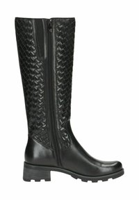 Botas negras hasta la rodilla con textura trenzada en el caña, acabado de cuero suave, cremallera lateral y un tacón grueso para mayor estabilidad.