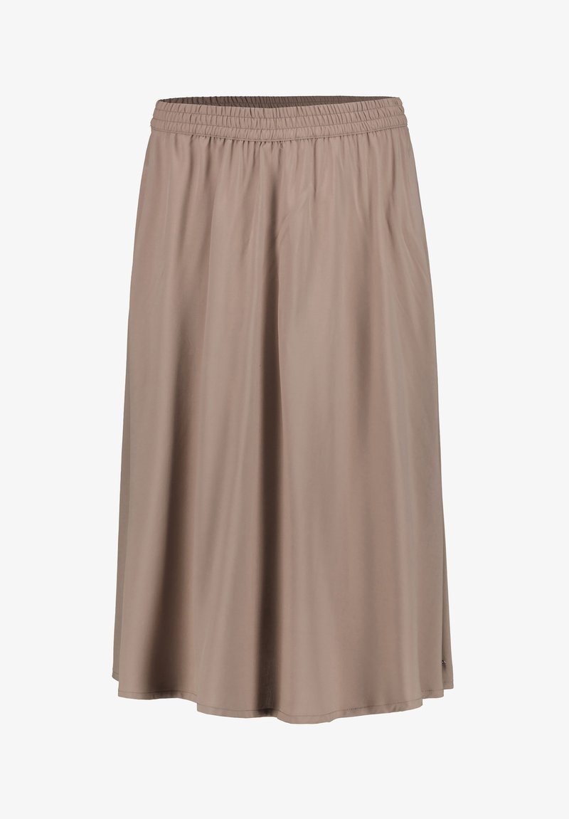Beige midi-rok met een elastische tailleband en een zachte textuur; valt soepel zonder zichtbare patronen of accenten.