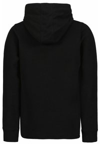 Felpa nera con cappuccio realizzata in tessuto testurizzato, caratterizzata da un ampio cappuccio, maniche lunghe e un design semplice senza loghi o motivi visibili.