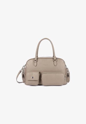 Borsa in pelle beige con due manici superiori, tasca frontale con zip, tasca con bottone a pressione, scomparti laterali con cerniera e tracolla staccabile.