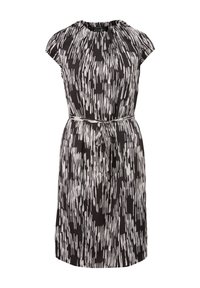 Robe noir et blanc longueur genou avec manches courtes, motif abstrait à rayures verticales, encolure froncée et ceinture fine à nouer à la taille.