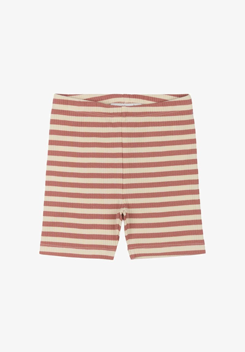Prúhované šortky s ribbovanou textúrou, s striedajúcimi sa béžovými a ružovými horizontálnymi pruhmi. Elastický pás, bez zapínania.