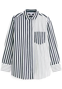 Striped button-up shirt features vertical navy and white stripes, a pointed collar, long sleeves, and a single chest pocket with a striped pattern.