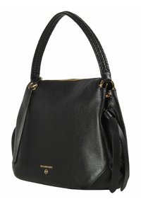 Borsa a mano in pelle nera con una finitura testurizzata, manico intrecciato, dettagli in metallo dorato e una sola tracolla regolabile, con logo.