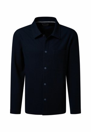 Marineblauwe lange mouw knoopshirt met kraag en borstzak, weergegeven op een witte achtergrond.