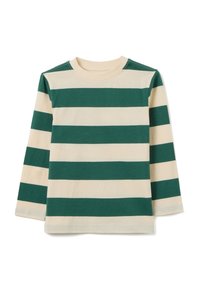 Camicia a maniche lunghe con righe orizzontali verdi e crema, scollo rotondo, realizzata in morbido cotone, design semplice, senza dettagli rilevanti.