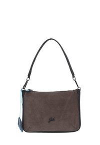 Borsa a tracolla in camoscio marrone con rifiniture nere, chiusura con zip e dettaglio blu staccabile. Dotata di una tracolla singola.