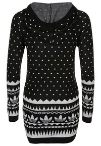 Zwarte hoodie jurk met witte geometrische en trefoil patronen, lange mouwen en een aansluitende silhoutte.