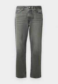 Jean droit noir délavé avec bouton avant, fermeture éclair, passants de ceinture et design à cinq poches.