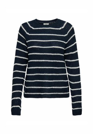 Marinblå stickad tröja med vita ränder, rund hals, långa ärmar och en texturerad yta. Har ribbade manschetter och nederkant.