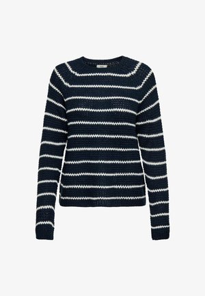 Marinblå stickad tröja med vita ränder, rund hals, långa ärmar och en texturerad yta. Har ribbade manschetter och nederkant.