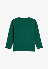 Langærmet grøn t-shirt lavet af blødt stof, med en rund halsudskæring og et enkelt, rent design uden synlige mønstre eller accenter.