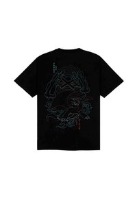 Schwarzes Baumwoll-T-Shirt mit einem Grafikdesign eines Drachen und einer robotischen Figur, versehen mit roten und hellblauen Akzenten sowie japanischem Text.