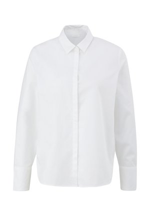 Chemise blanche à manches longues avec col pointu et boutons dissimulés, vue de face sur un fond uni.