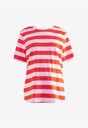 Stripet t-shirt i røde og lyserøde nuancer, med korte ærmer, rund halsudskæring og en loose fit-design. Fremstillet af letvægts bomulds-materiale.