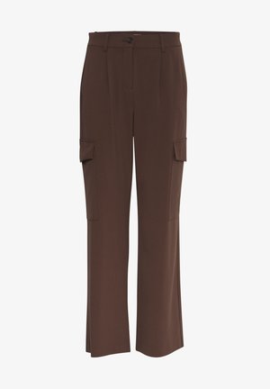 Pantalons cargo marron à jambes larges en tissu lisse, dotés de deux poches latérales et d'une fermeture à bouton, avec une coupe cintrée et un devant plat.