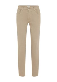 Jeans in denim beige con vestibilità slim. Presentano una chiusura con bottone, cinque tasche e una texture liscia. Design a gamba dritta.