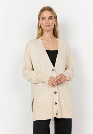 Beige cardigan with long sleeves, open front, and button closure. Features two front pockets and ribbed cuffs. Smooth knit texture.