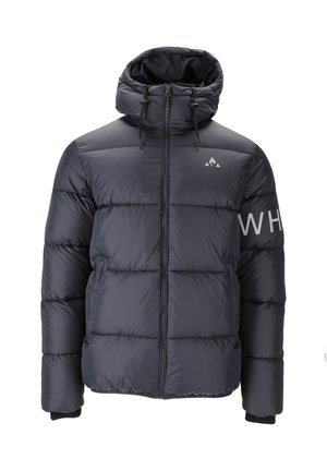 Marineblå pufferjakke med høj krave, lynlåslukning og snøre i hætten. Har horisontalt quiltet mønster og "WH" tekst på ærmet.