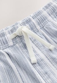 Gestreepte zwemshorts van stof in blauw en wit, met een witte trekkoord met een geknoopte lus en een elastische tailleband.