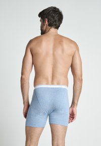 Męskie niebieskie bawełniane bokserki z białą gumką, o dopasowanym kroju i gładkiej, miękkiej fakturze. Widok z tyłu.